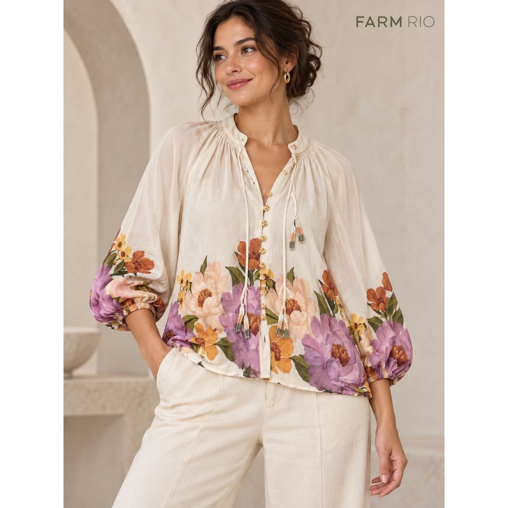 Farm Rio for Anthropologie Floral Print Beaded Tassel Blouse Cream Size M